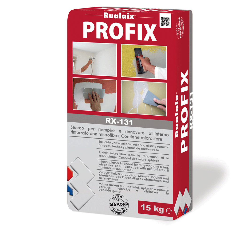 Rualaix Profix è uno stucco per riempire e rinnovare all’interno rinforzato con microfibra. Contiene microsfere.